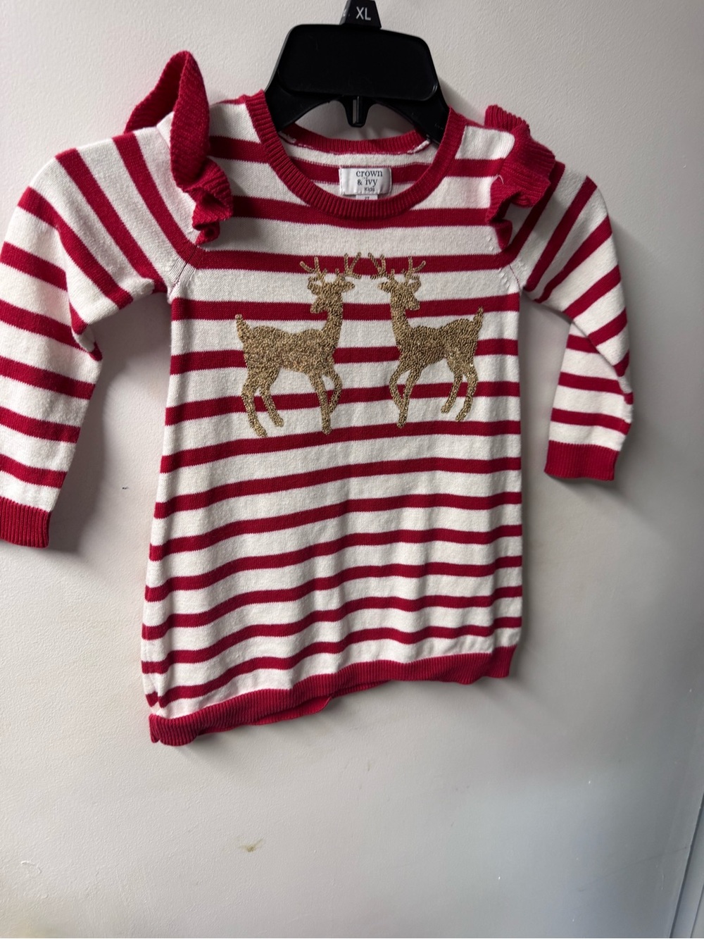 crown & ivy Red and White Striped Sweater with Gold Reindeer